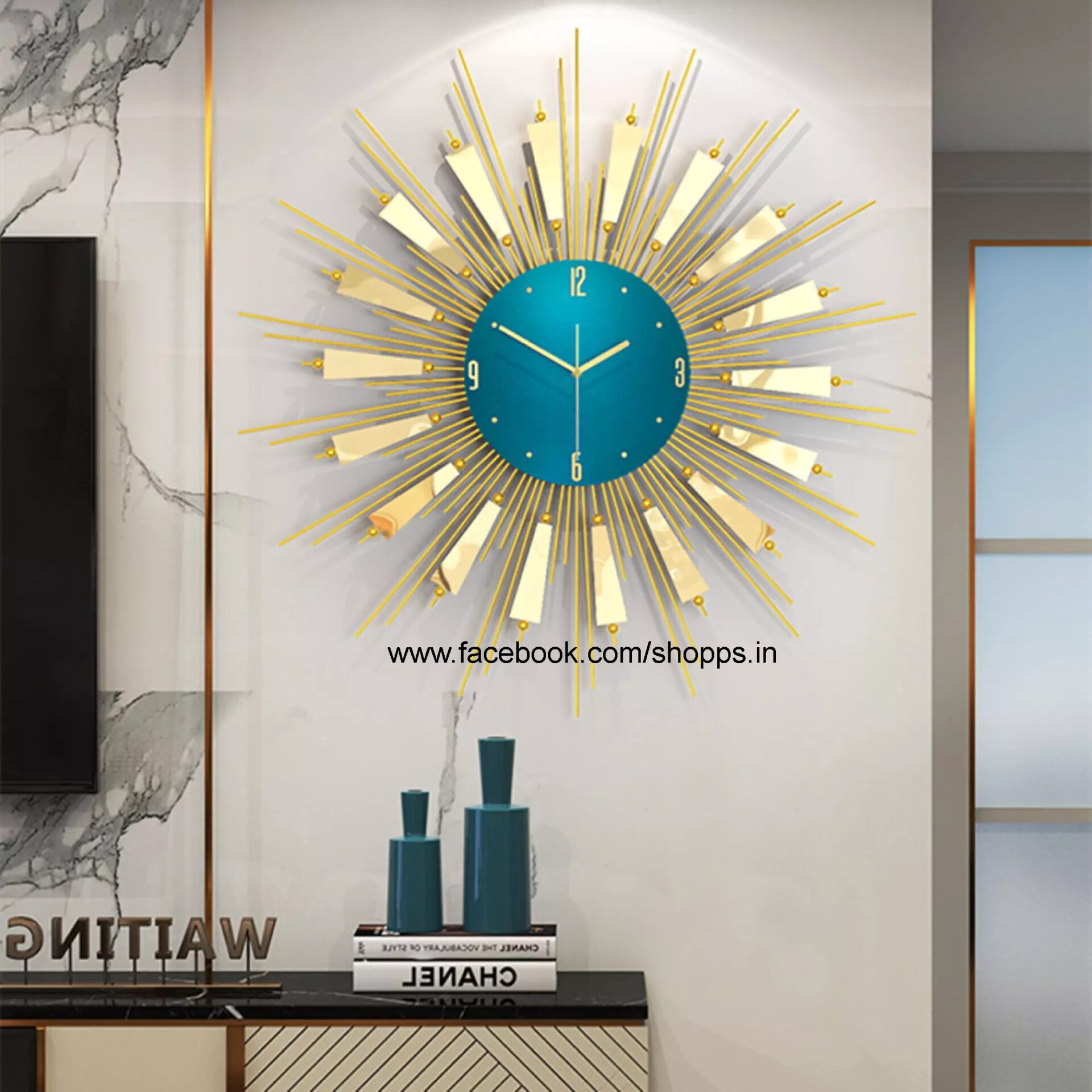Blue sun metal clock