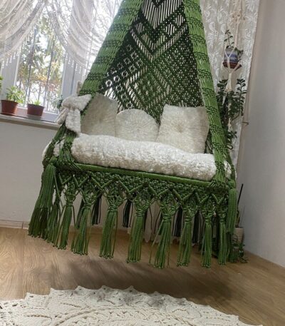 Green white Macrame swing
